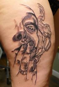 Thigh horror style black smoking female half face tattoo pattern