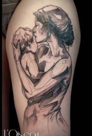 Reiteen luonnosteltu mustavalkoinen äiti ja vauva-tatuointikuvio