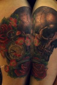 Leg color clock and rose human skull tattoo pattern