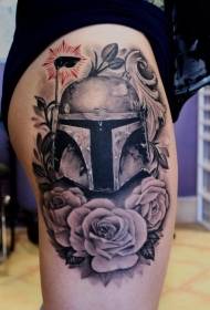 Thigh funny black samurai helmet with rose tattoo pattern