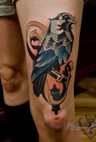 Thigh new school colored big bird and lamp tattoo pattern