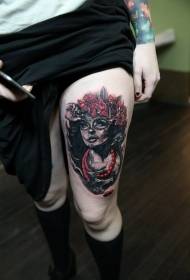 Leg painted woman portrait tattoo pattern