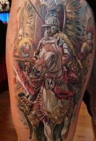 大腿精彩彩色中世紀騎士和馬紋身圖案