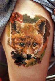 Leg color realistic funny fox tattoo pattern