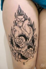 Thigh engraving style black line fox flower prick tattoo pattern