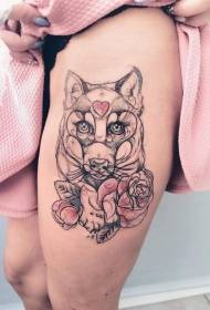 Leg color sketch style little wolf and flower tattoo picture