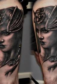 Thigh black gray woman portrait with bat tattoo pattern