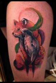 Muslo color ilustración estilo pequeño loro y patrón de tatuaje de zorro