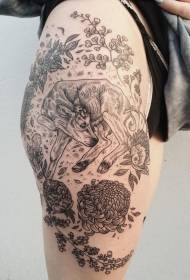 Thigh beautiful black and white calf with chrysanthemum tattoo pattern