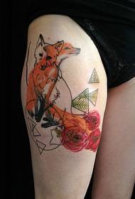 Female legs colored fox and rose tattoo pattern