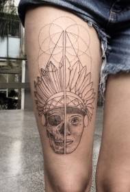 Thigh thorn style black Indian portrait geometric decorative tattoo pattern