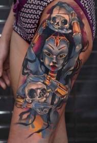 New School Color Thigh Hindu Goddess Tattoo Pattern