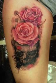 Leg color rose with skull tattoo pattern