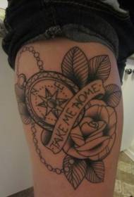 Thigh black line compass and flower alphabet tattoo pattern