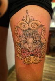 Thigh color cat with bow tattoo pattern