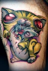 Patrón de tatuaje de gato demonio aterrador y ratón sangriento