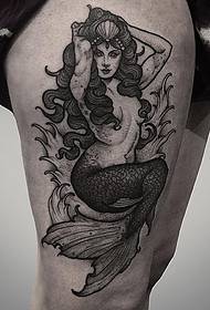 Thigh school black gray mermaid tattoo pattern