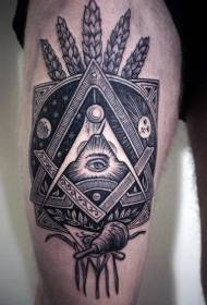 Patron de tatuatge en forma de triangle d'ulls misteriosos negres de cuixa