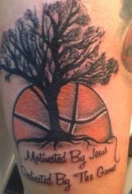 Commemorative colored thigh tattoo tree with basketball tattoo