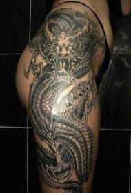 Thigh amazing black and white Asian style dragon tattoo pattern