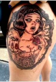 Leg creepy monster woman with apple tattoo