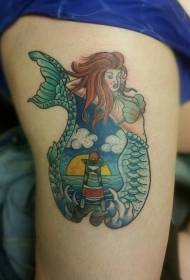 Legs old genre colored mermaid and lighthouse tattoo