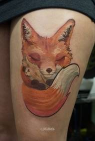 Thigh illustration style colorful fox family tattoo pattern