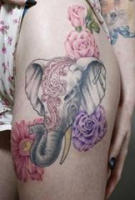 Cosce di ragazze dipinte su gradiente di linee semplici fiori e immagini di tatuaggi di elefanti