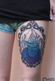 Girl thigh funny colorful bird prick tattoo pattern