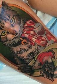 Lår rolig katt med fågel tatuering mönster på middag plattan