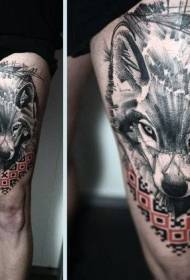 Thigh realistic style black and white wolf with ornament tattoo pattern