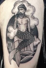 Old school black funny smoking mermaid man tattoo pattern