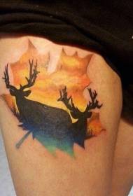 Leg color maple leaf shaped elk tattoo pattern