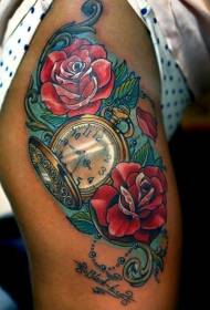 Thigh beautiful red rose and clock tattoo pattern