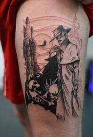 Estilo cómico en branco e negro misterioso patrón de tatuaxe de pistola de home