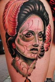 Thigh mexican traditional style colorful woman portrait with feather tattoo pattern