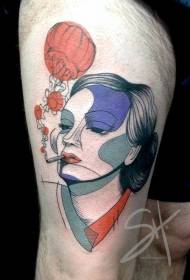 Strange design and color smoking woman portrait tattoo picture