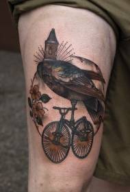 Thigh color bird with bicycle tattoo pattern