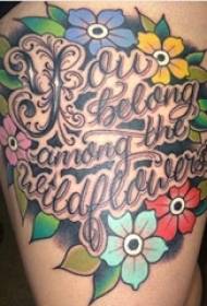 Girls on the thighs painted gradient simple lines flowers and English tattoo pictures