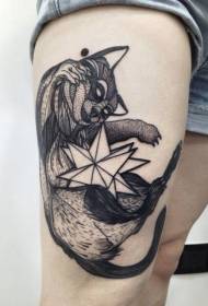 Engraving style thigh black raccoon star tattoo pattern