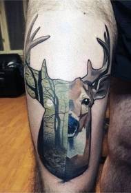 Thigh half deer half forest tattoo pattern
