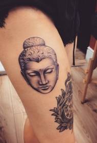 Thigh black gray style, come to Buddha statue tattoo pattern