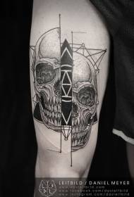 Thigh black split skull with mysterious pyramid tattoo pattern