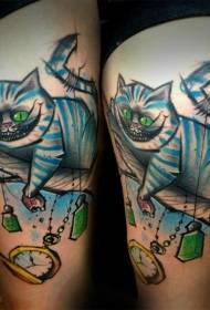 Thigh color cat and clock tattoo pattern in Alice in Wonderland