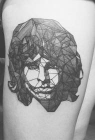Geometric style black and white female portrait thigh tattoo pattern