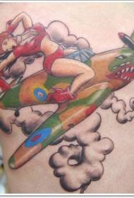 Leg color female pilot riding airplane tattoo pattern