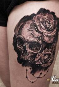 Thigh realistic style black and white skull and rose tattoo pattern