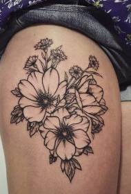 Leuke zwarte lijn bloemen dij tattoo patroon