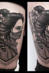 Thigh black and white Asian woman shooter tattoo pattern