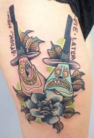 Стегнуто смешно цртано чудовиште и цветни абецеда тетоважа узорак